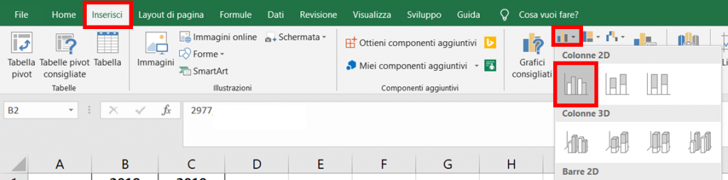 Come fare un grafico a barre o istogramma su Excel: inserire grafico