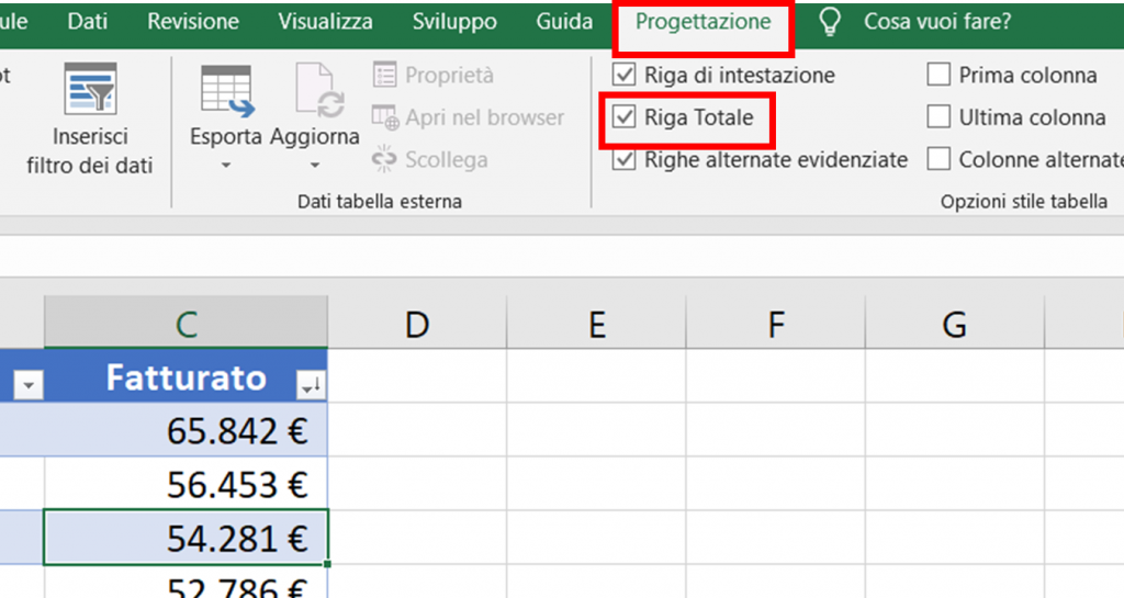 Come creare una tabella su Excel - Riga Totale